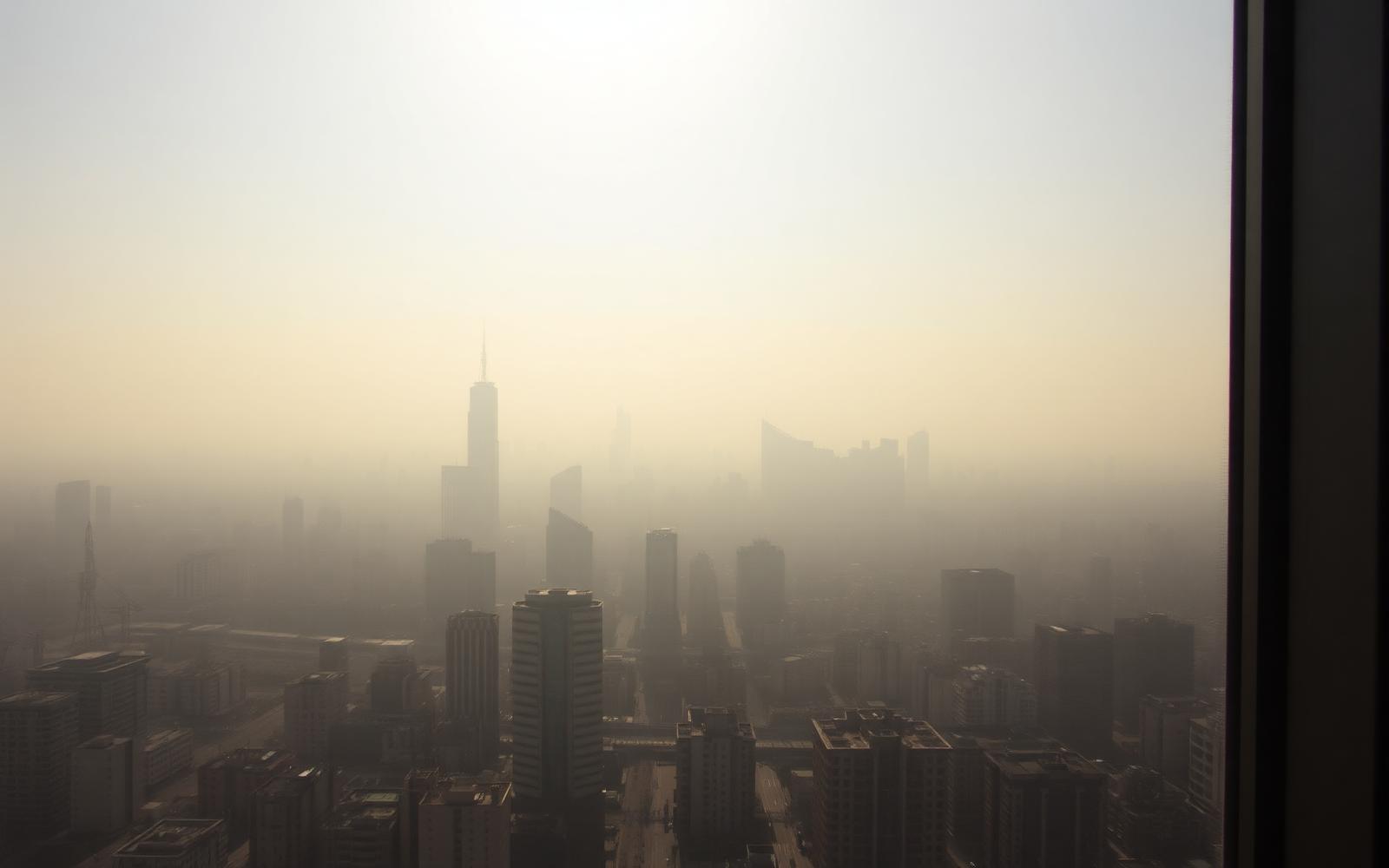 Urban window with airborne particulate visible in light